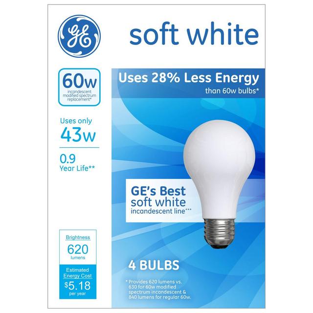 GE 60-Watt Energy Efficient Halogen Light Bulb Soft Frosted White 4pk