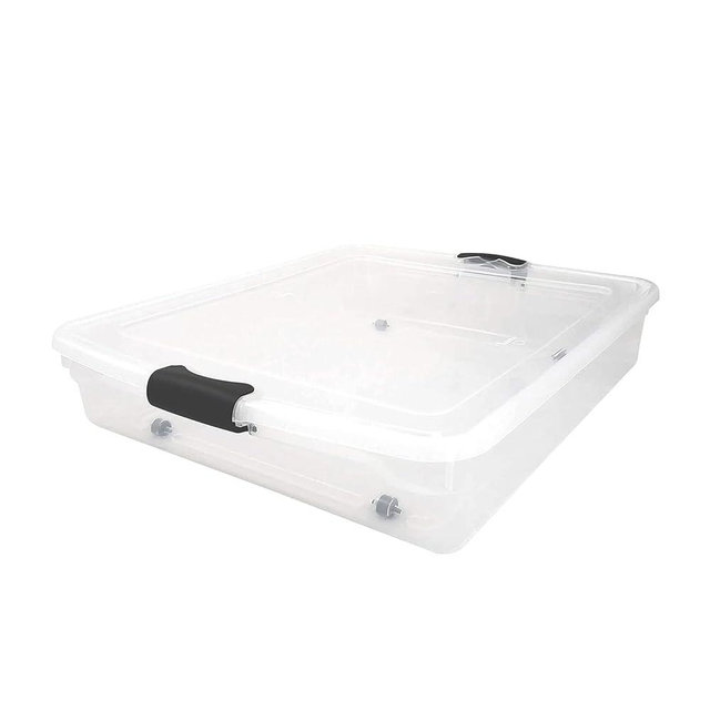Homz Large 56 Quart Full/Queen Stackable Underbed Clear Plastic Ergonomic Latching Storage Container with Rolling Wheels, 2 Pack