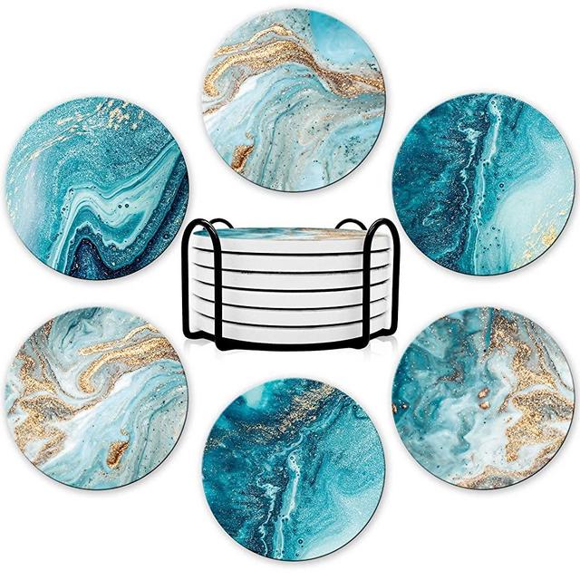 Dooke Coasters for Drinks, Round Absorbent Ceramic Stone Coasters Set of 6 with Cork Base, Funny Drink Coasters with Holder for Cold Drinks Wine Mugs and Cups Tabletop Protection, 4 Inches,Blue Gold