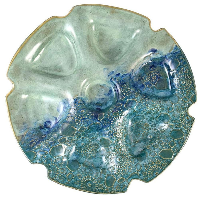 Modern Artisans American Made Stoneware Pottery 14" Oyster Plate Platter, Ocean Lace Collection