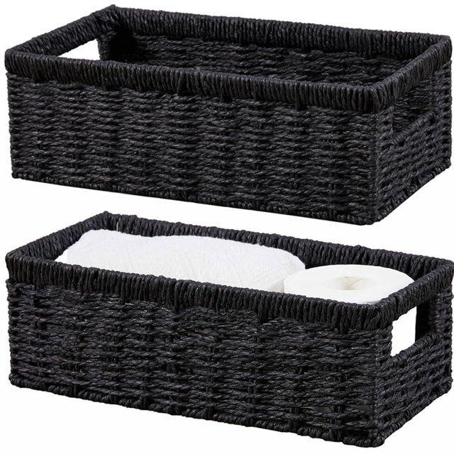 Vagusicc Wicker Storage Basket, Paper Rope Wicker Baskets with Handles, Toilet Paper Basket for Toilet Tank Top, Small Wicker Baskets for Organizing Shelves, 2-Pack, Black