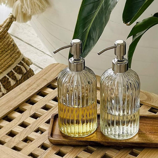 JASAI 2PACK 18 Oz Glass Soap Dispenser with Rust Proof Stainless Steel Pump, Refillable Hand Soap Dispenser with Vertical Stripe, Premium Bathroom soap Dispenser for Kitchen & Bathroom