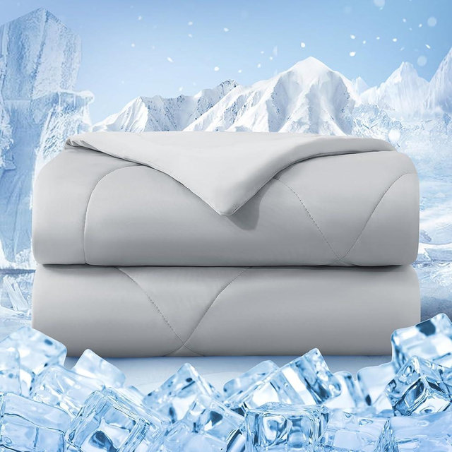 bedsmile Cooling Comforter Queen Size, Double-Sided Cold Tech Fabric Quilted Bed Comforters Cooling Blanket for Hot Sleepers, Breathable Lightweight Summer Bedding, All-Season Ice Blanket, Light Gray