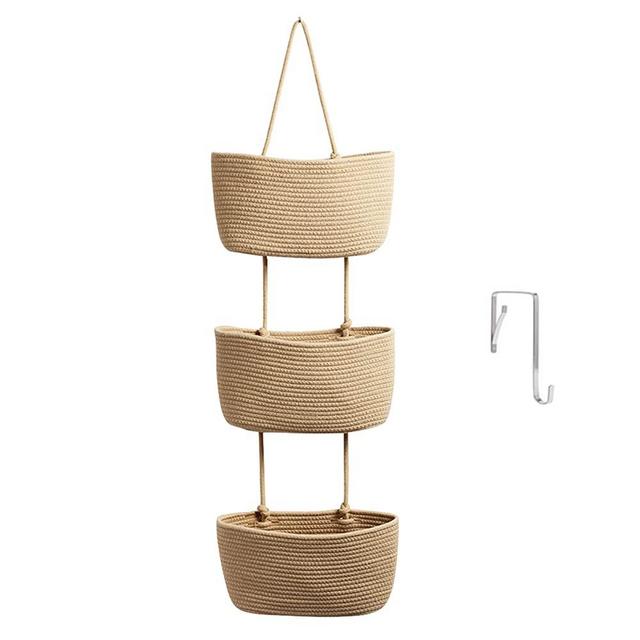 Over the Door Hanging Basket,3-Tier Woven Cotton Rope Baby Nursery Storage,Wall-Mounted Storage Basket Decorative Basket-Jute