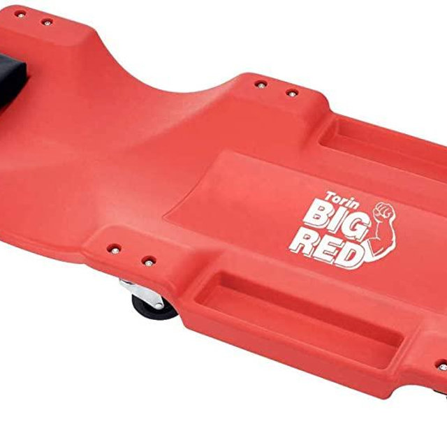 BIG RED TR6240 Torin Blow Molded Plastic Rolling Garage/Shop Creeper: 40" Mechanic Cart with Padded Headrest and 6 Casters, red