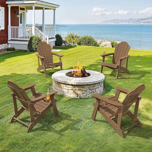 LUE BONA Wood-Grain HDPE Adirondack Chairs Set of 2 - Weather Resistant Seating with Cup Holder for Porch, Cabin, Deck & Fire Pit, Brown