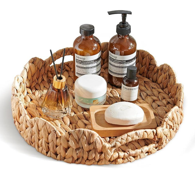 Airesly Scalloped Tray, 13.8" Large Round Basket Tray Wicker Rattan Serving Tray2 with Handles, Scallop Basket Table Décor Trays, Water Hyacinth Round Rattan Tray1 for Ottoman Decorative