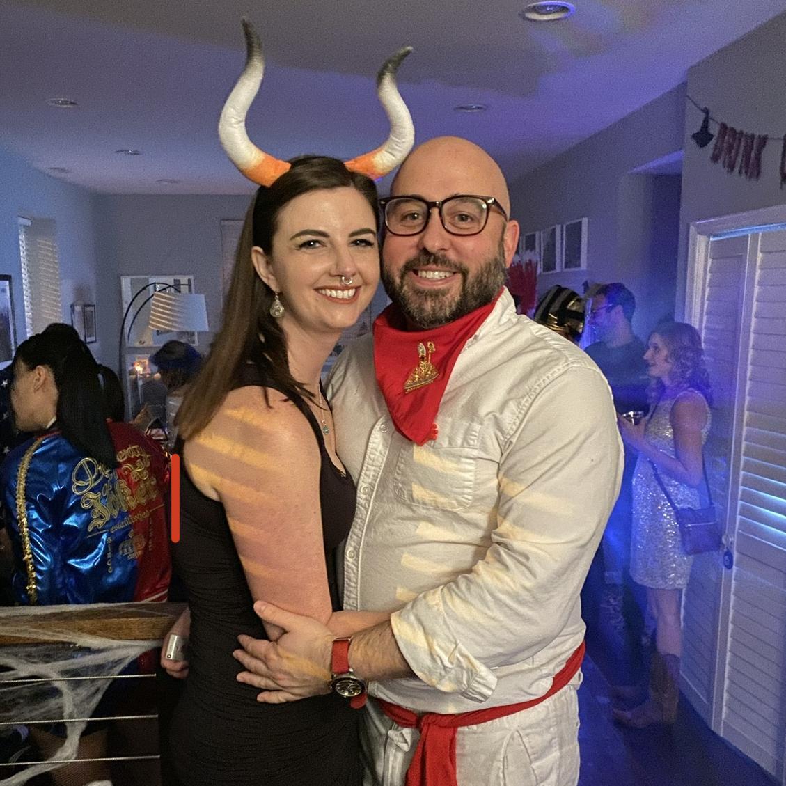 As far as couples costumes go, this 2019 "Running of the Bulls" costume was...odd, but Kristin looked very cool with the fake nose ring.