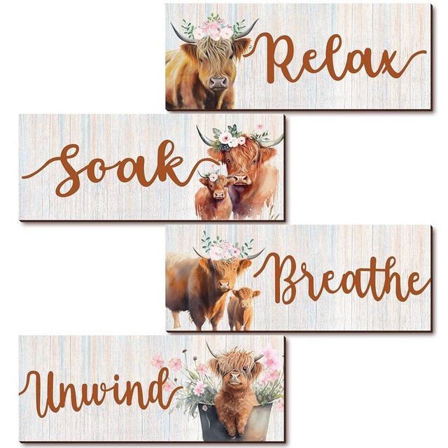 Yulejo 4 Pcs Highland Cow Bathroom Decor Highland Cow Wall Decor Bathroom Accessories Relax Soak Unwind Breathe Vintage Country Farmhouse Wall Decor Farmhouse Wood Plaque Bedroom Decor for Spa