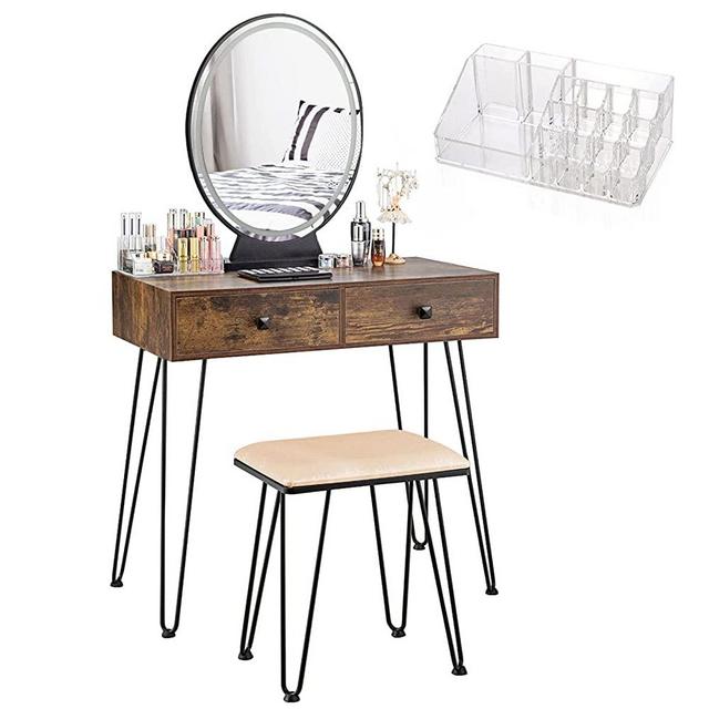 CHARMAID Vanity Set with Lighted Mirror, 3-Color Touch Screen Dimmable Mirror, 2 Drawers, Additional Storage Organizer, Bedroom Makeup Dressing Table with Cushioned Stool (Rustic Brown)