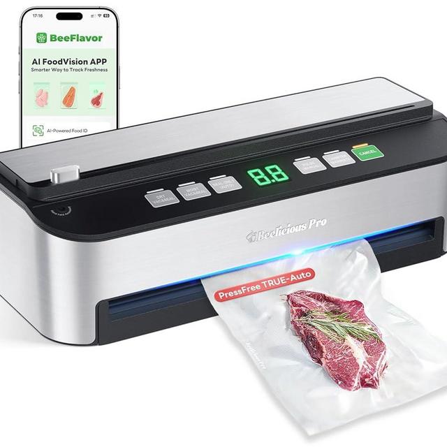 PressFree TRUE-Auto Vacuum Sealer Machine, Beelicious 85KPA Fully Automatic 8-IN-1 Food Sealer with Bags Storage, Build-in Cutter, Moist Mode and Air Suction Hose | Digital Countdown | Sous Vide
