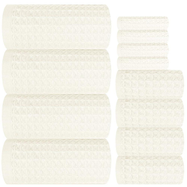 FXKS 12 Piece White Waffle Bath Towel Set for Bathroom,100% Cotton Ultra Soft Bathroom Towel Set, 4 Bath Towels, 4 Hand Towels, 4 Wash Cloths, Highly Absorbent Quick Dry Shower Towels for Hotel SPA