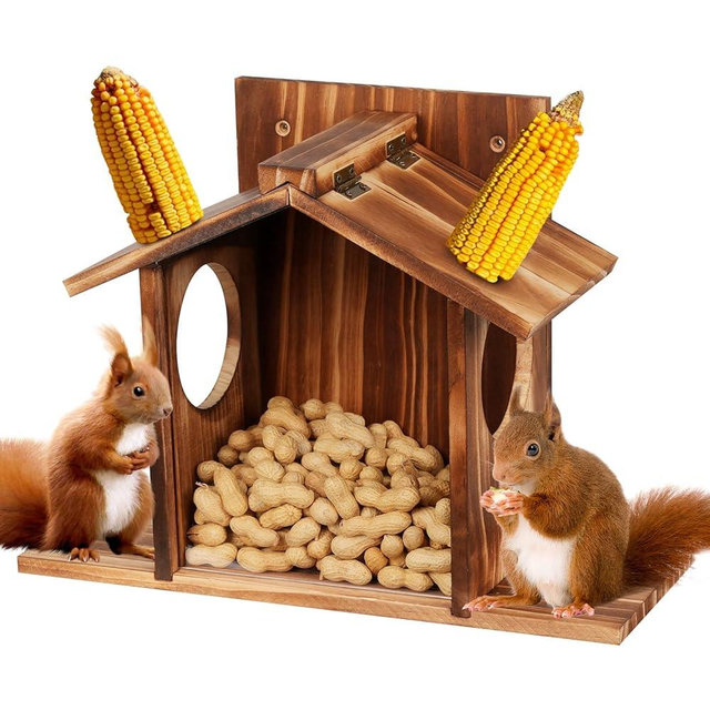 Squirrel Feeder, Squirrel Picnic Table Feeder with Corn Cob Holder and Peanut Tray, Squirrel Feeders for Outside, Wooden Squirrel House for Squirrels