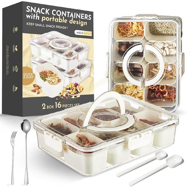 banmagately 2PCS Divided Serving Tray with Lid and Handle, Charcuterie Box Snackle Box Container, 8 Compartments Snack Tray Portable Travel Snack Box Snack Container for Snacks (Set)