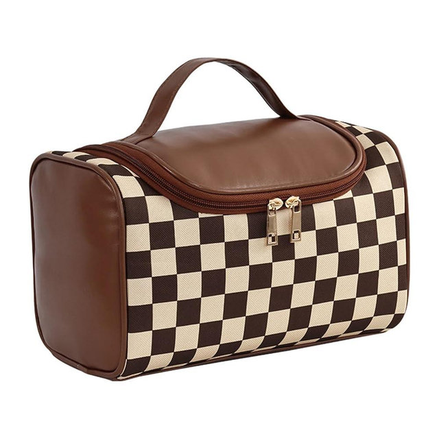 FEEZUSH Makeup Bag, Travel Portable Checkered Pattern Cosmetics Skincare Storage Bag (Brown)