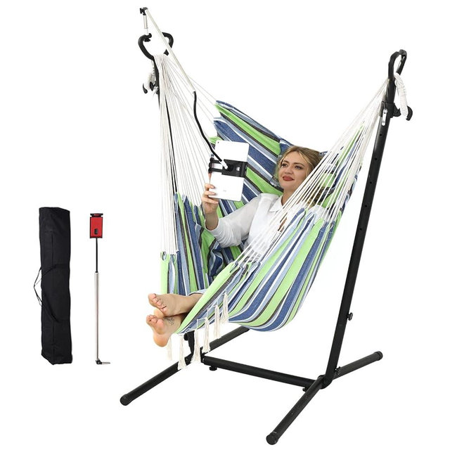 ZEYU Hammock Chair with Stand Double Hammock Chair Bohemian Style with Tassel Mobile Phone Support Manual Adjustable Swing Indoor and Outdoor Garden Porch with Floor mat Reclining Capacity 400 pounds