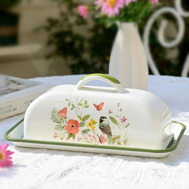 Enamel Butter Dish with Lid Vintage Enamelware Butter Keeper with Flower and Bird Patterns Farmhouse Butter Container Butter holder for Countertop Kitchen Decor