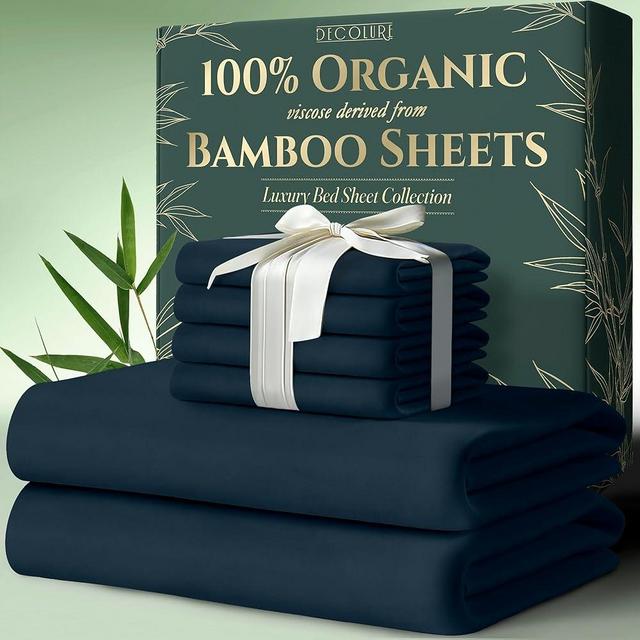 DECOLURE 100% Organic Viscose Derived from Bamboo Sheets Queen Size 6pcs - Ultra Soft & Luxuriously Cooling, 17" Deep Pocket, Double Stitching, Perfect for Hot Sleepers - Queen Bed Sheets (Navy Blue)