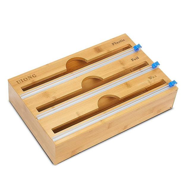 Uiong 3 in 1 Wrap Dispenser with Cutter, Plastic Wrap, Aluminum Foil, Wax Paper Dispenser, Bamboo Wrap Organizer for Kitchen Drawer, Roll Organizer Holder, Wall Mount Holder