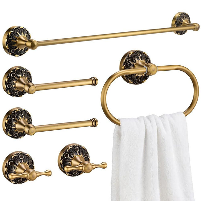 Cinnvoice 6 Pcs Antique Brass Bathroom Accessories Set 24 Vintage Bronze Towel Rack, Toilet Paper Holder, Hand Wash Cloth Holder and Rotatable Towel Ring Wall Mounted Antique Gold Hardware Supply