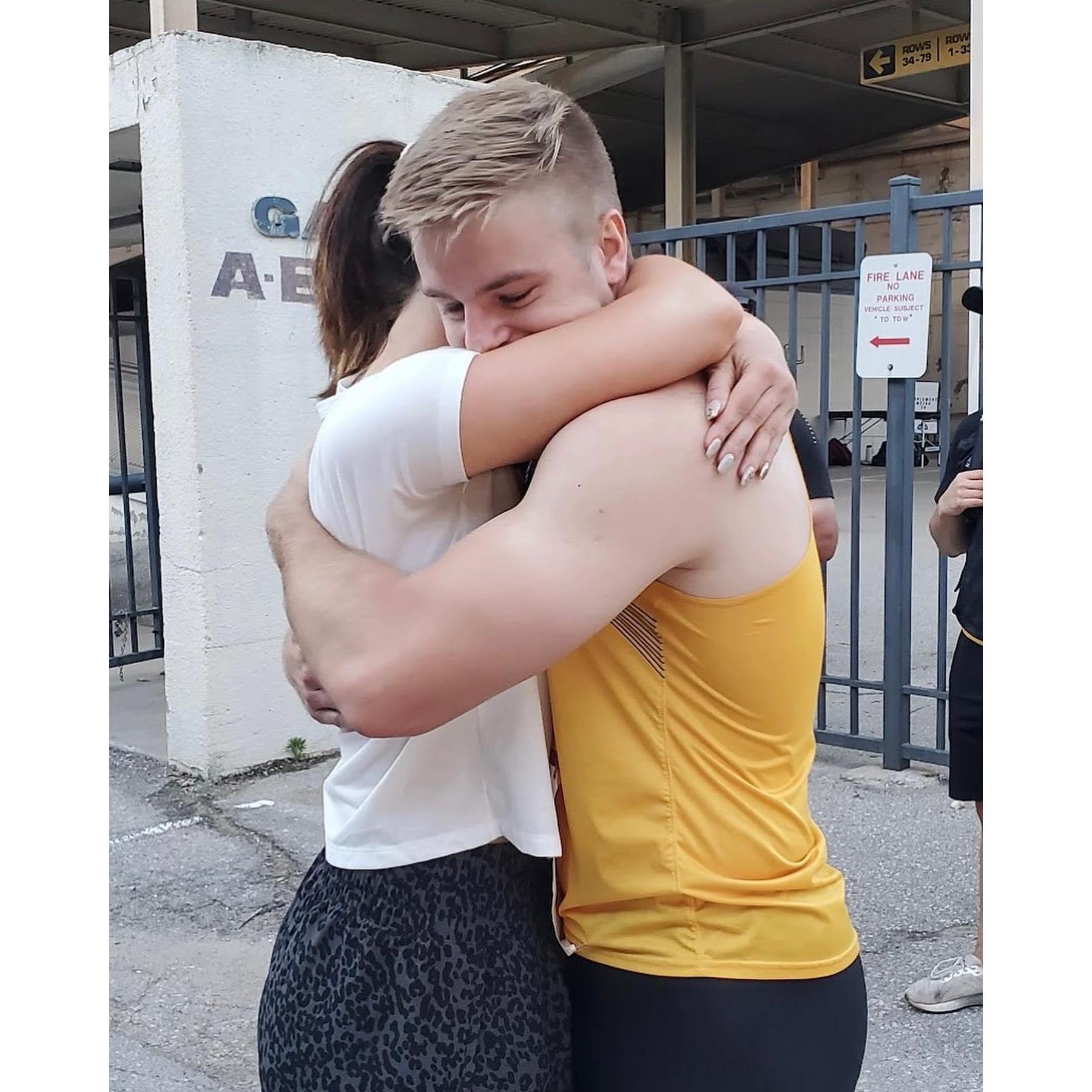 Sydney followed Taran to (almost) every track meet his senior year. A beautiful team of trust, support and endurance!