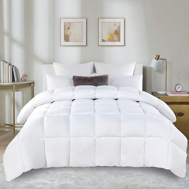 DOWNCOOL Goose Down Alternative Quilted Comforter-All Season Luxury 350 GSM Comforter-Plush Microfiber Fill- Duvet Insert or Stand-Alone Comforter with Corner Tabs(Queen, White)