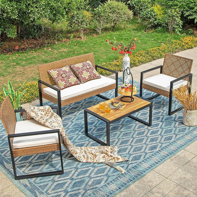 Sophia & William 4 Pieces Wicker Patio Conversation Set, Outdoor Patio Furniture Set with Loveseat, Acacia Wood Patio Coffee Table and Chairs, All Weather Outdoor Sectional Sofa Set for Porch Deck