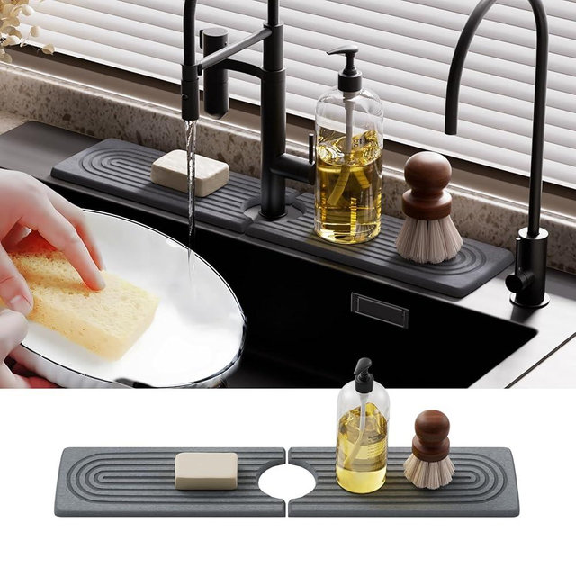 Slow Slog Quick Dry Sink Splash Guard - 15.8" Instant Dry Stone Sink Tray for Faucets - Absorbent Diatomaceous Earth Faucet Mat for Kitchen Countertop and Bathroom - Dark Gray