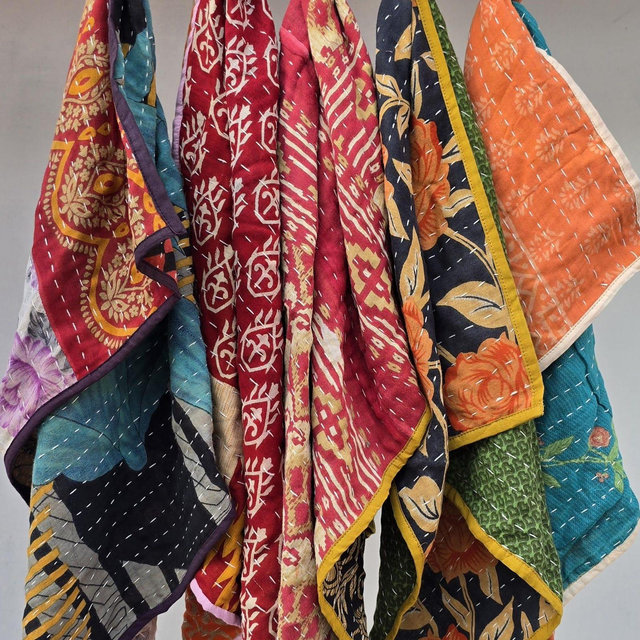 Kantha Kitchen Towel Set of 5 – Bright Colorful Cotton Tea Towels for Kitchen Use & Housewarming Gift Assorted