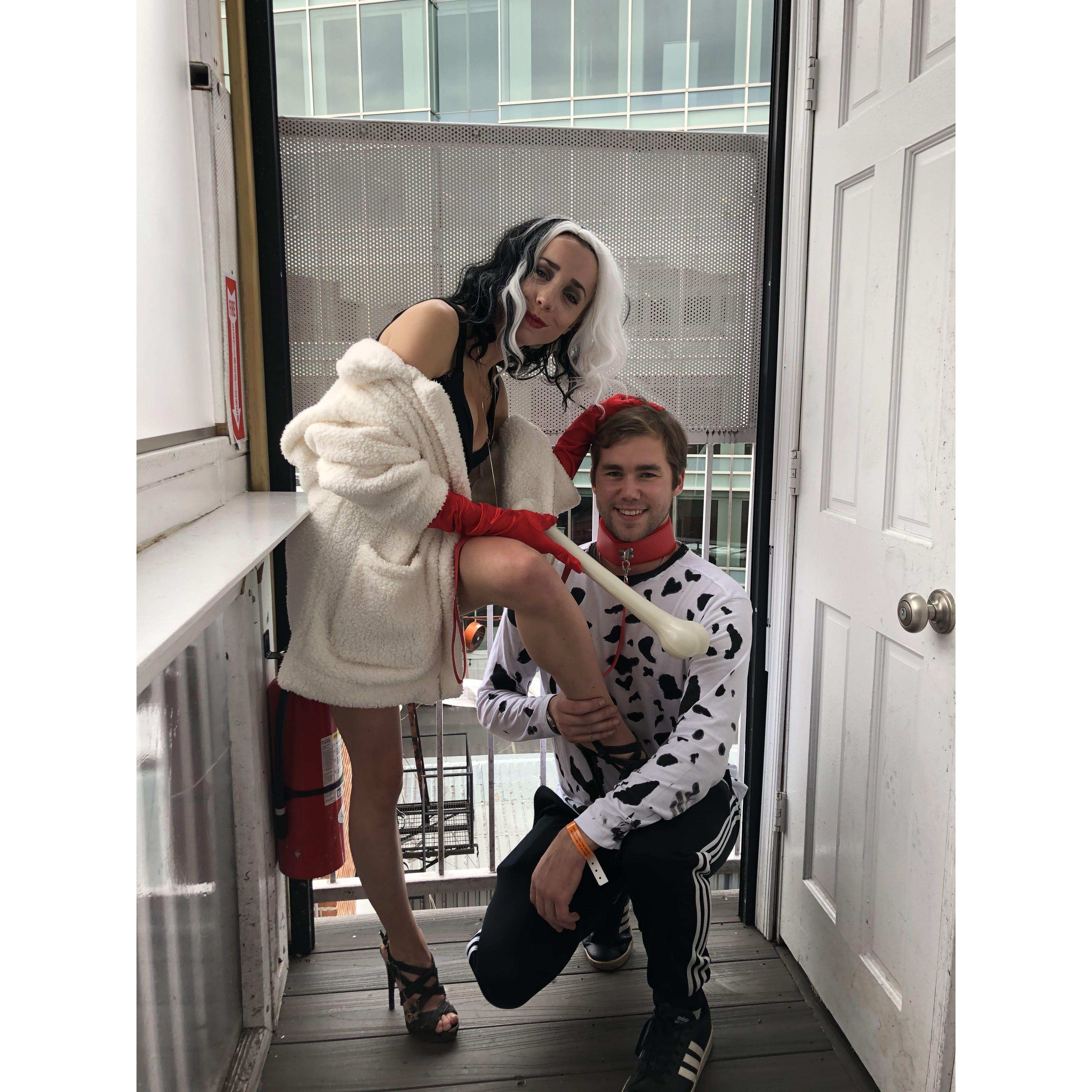 Our favorite Halloween costume ever (&first couple costume) Angela had to beg Nick not to be a lifeguard for the 3rd year in a row.. somehow got him to do this hilarious cruella and lucky get up!