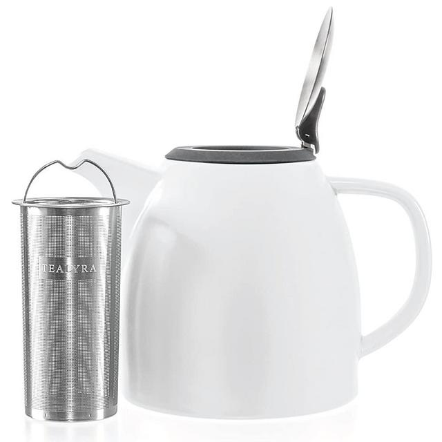 Tealyra - Drago Ceramic Teapot White - 37oz (4-6 cups) - Large Stylish Teapot with Stainless Steel Lid Extra-Fine Infuser To Brew Loose Leaf Tea - Leed-Free - 1100ml