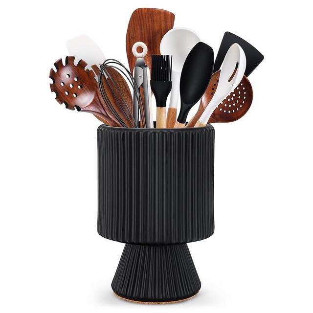 WOODWORD Utensil Holder, 10.2" Extra Large Ceramic Kitchen Utensil Holder for Countertop, Utensil Organizer for Kitchen Counter, Morden Aesthetic Utensil Crock for Kitchen Decor - Black