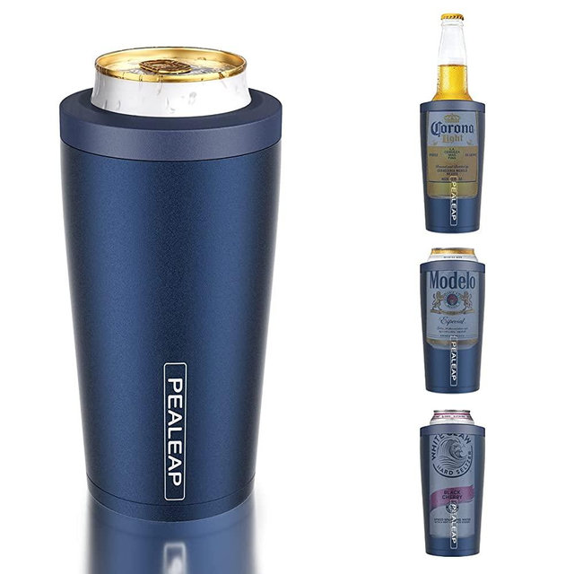4 in 1 Insulated Slim Can Cooler for 12 OZ Cans and Beer Bottle - Keep 8 Hours Cold, Easy to Hold - Stainless Steel Can Holder, Double Walled Can Insulator for Hard Seltzer and More (Navy Blue)