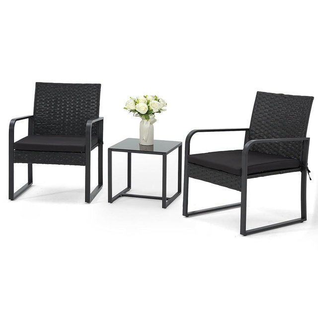 Bezseller 3 Piece Outdoor Patio Furniture Set, Patio Bistro Set Wicker Conversation Set, Modern Rattan Chair with Glass Coffee Table for Backyard, Porches, Poolside, Lawn and Balcony