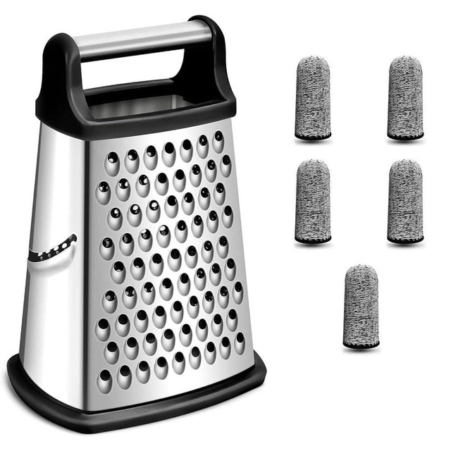 Professional 4-Sided Box Grater with Cut-Resistant Finger Cots - Stainless Steel Cheese & Vegetable Grater, Dishwasher Safe, Non-Slip Base & Ergonomic Handle - XL Multipurpose Kitchen Tool