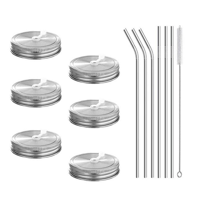 6pcs Pack 304 Stainless Steel Regular Mouth Mason Jar Lids with Straw Hole, Including 6pcs Stainless Steel Straws and 1pcs Cleaning Brush, Compatible with Ball & Kerr Mason Jars