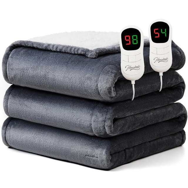 Homemate Electric Heated Blanket Queen Size - 84"x90" Heating Blanket Queen Size Dual Control 1/2/4/6/8 Hours Auto-Off 10 Heat Level Over-Heat Protection Flannel Sherpa ETL Certification