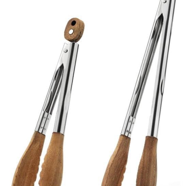 2 Pcs Walnut Wooden Kitchen Cooking Tongs with Wooden Tips, Salad And BBQ Tongs, 15"/11"