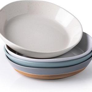 AmorArc 9.5'' Large Ceramic Pasta Bowls, 38oz Handpainted Stoneware Bowls Set of 4, Microwave&Dishwasher Safe Bowls with Wavy Rim&Rustic Terracotta Underside for Fruit Pasta Salad, Multi-Color