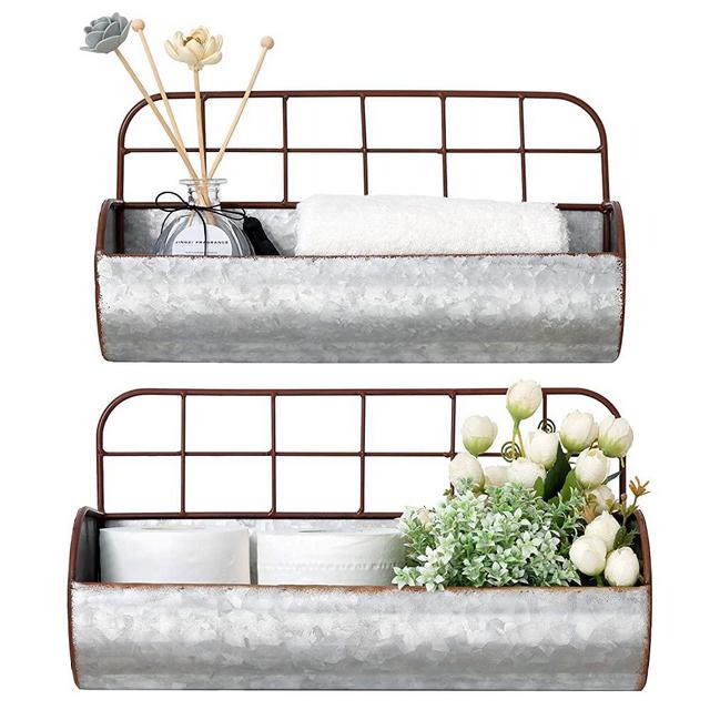Dahey Farmhouse Galvanized Wall Storage Decor Bathroom Organizer Basket Bin Rustic Metal Wall Planter Wire Back Hanging Shelves for Bedroom Living Room Kitchen Apartment Entryway Laundry, Set of 2