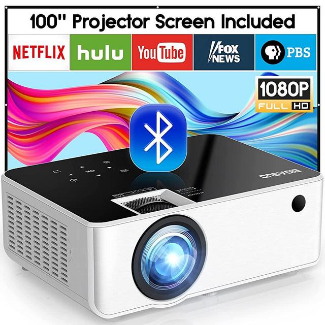 Native 1080P Bluetooth Projector - BIGASUO 230" Outdoor Movie Projector with Screen, Full HD Portable Home Theater Video Projector Compatible with HDMI, VGA, USB, Laptop, iOS and Android Smartphones