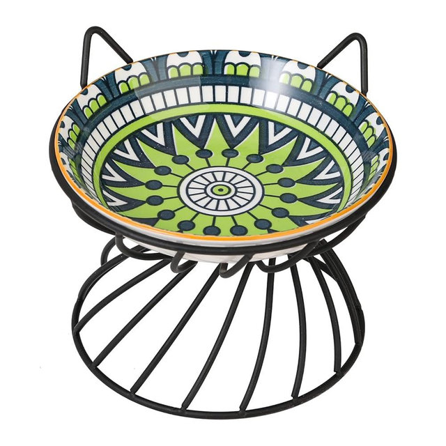 Raised Ceramic Cat Food Bowl - Elevated Cat Dish with Metal Stand - Wide, Shallow, Whisker-Friendly - Microwave & Dishwasher Safe - 8.5 oz - 5.75 inch