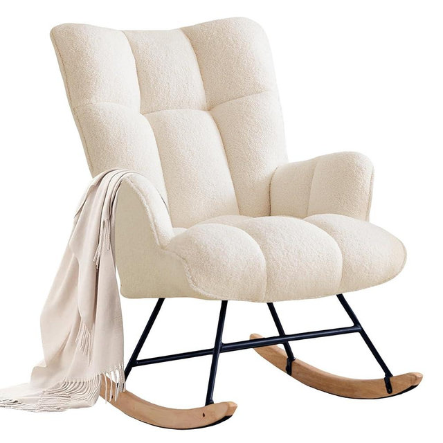 Zedachica Rocking Chair Nursery Glider Rocking Chair Teddy Rocking Accent Chair Nursery Rocker Nursing Rocking Chair for Living Room Bedroom Office (Ivory, Teddy)