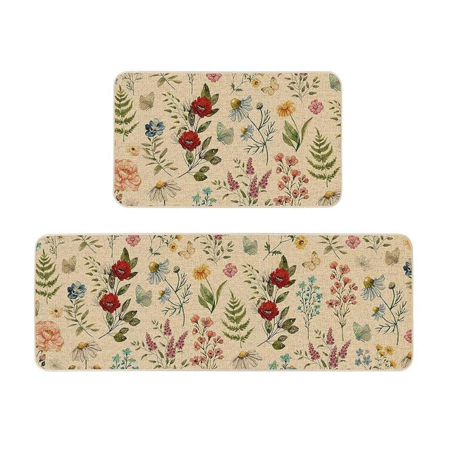 Moutina Poppy Floral Kitchen Rugs Set of 2, Spring Summer Home Decor Low-Profile Kitchen Mats for Floor - 17x29 and 17x47 Inch