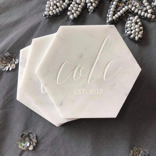 Personalized Marble Hexagon Coasters, Geometric Coasters, Marble Coasters, Modern Coasters, Engraved Marble Coasters, Engraved Coasters