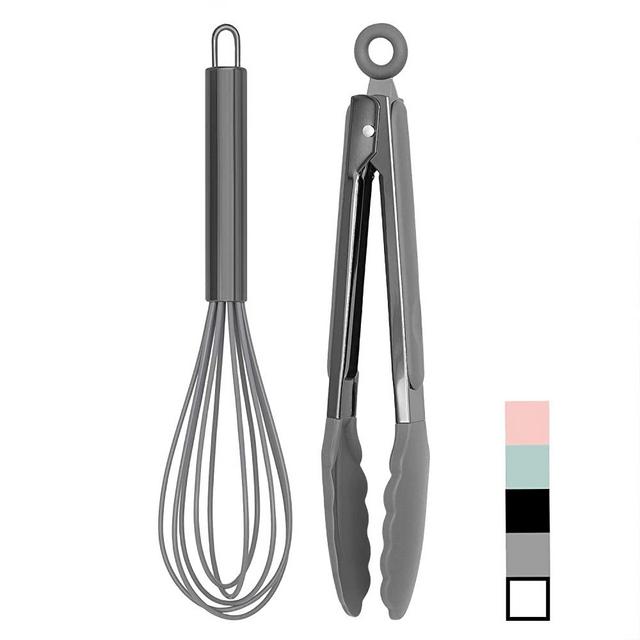 Country Kitchen 10" Whisk and Tong Kitchenware Set for Nonstick Cookware, Silicone and Stainless Steel Accessories for Cooking, Baking, Frying, Grilling, Blending and Serving- Gun Metal and Grey