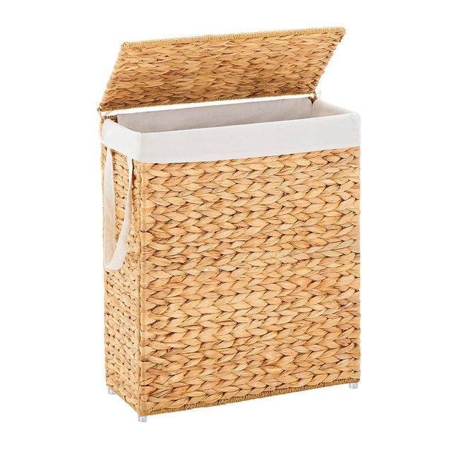 LGENHOOM Handwoven Slim Laundry Hamper with Lid, 75L Natural Water Hyacinth Basket and Handles, Narrow Wicker Laundry Basket with Removable Liner Bag & 2 Mesh Bags