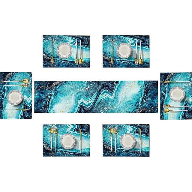 Emvency Marble Table Runner an Placemats Set of 6,Burlap Blue Abstract Ocean Art Painting Heat Resistant Table Runner and Placemats Set for Party Banquet Wedding Decor for Daily Use