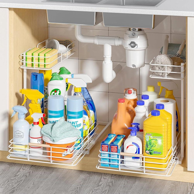 LAMU 2Pack Under Sink Organizers and Storage, 2 Tier Bathroom Kitchen Cabinet Organizers and Storage, Pull Out Under Sink Storage Kitchen Shelf Organizer for Under Counter Storage Organizer, White