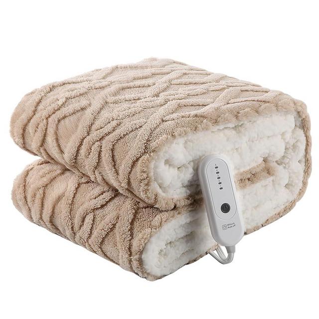 Electric Heated Blanket 50x60 Inches Heated Throw with 5 Fast Heating Levels & 4 Hours Auto Off, Fuzzy Soft Cozy Sherpa Blanket for Couch Sofa, ETL&FCC Certification, Beige